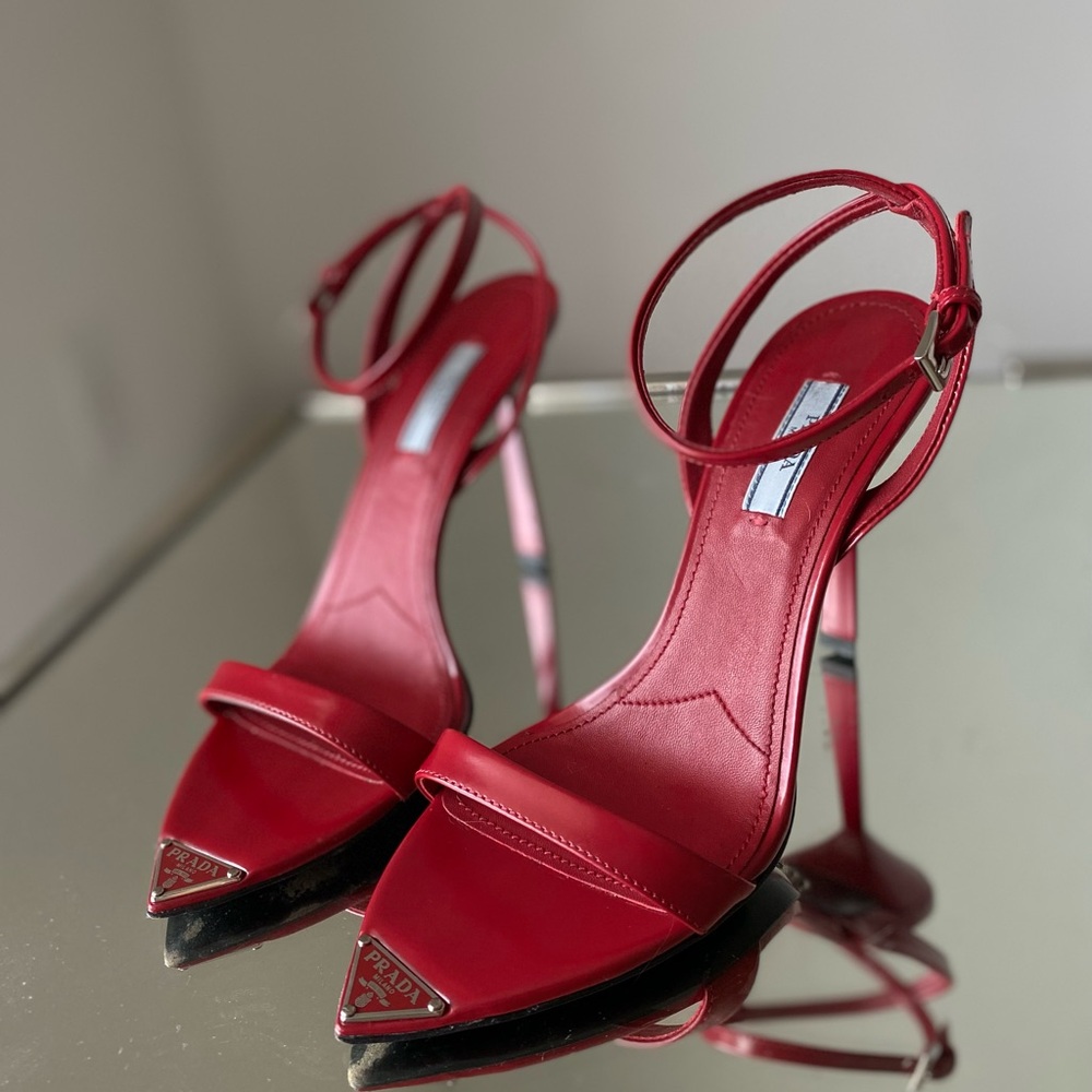 Prada Red Pointed Toe Ankle Strap Heels - Picture 4 of 12